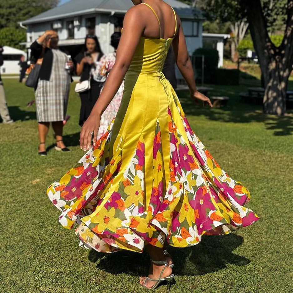 Yellow Floral Print Camisole Maxi Dress