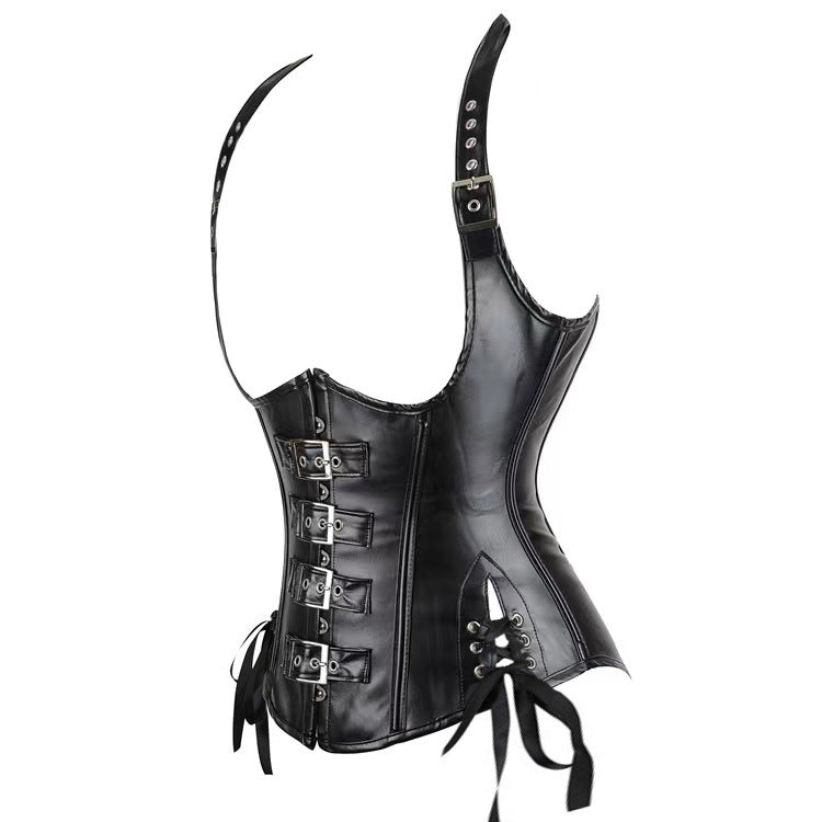 Black Leather-Trimmed Corset & Lace-Up Pants Set