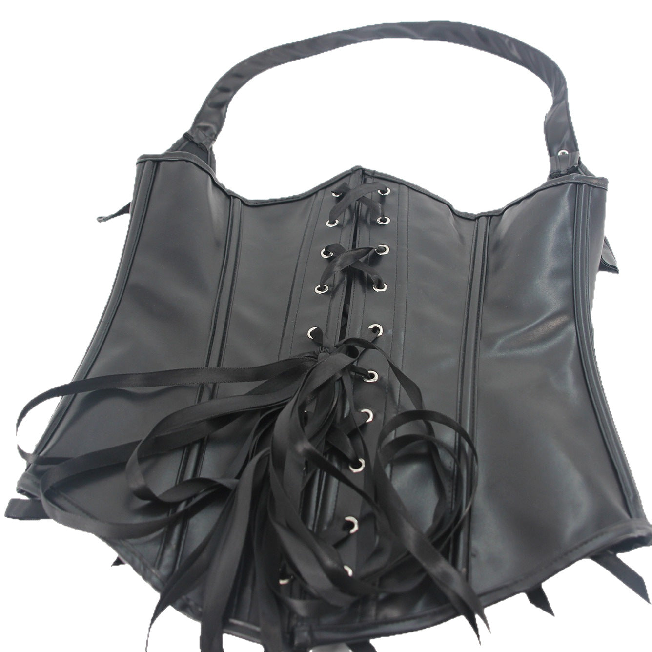 Black Leather-Trimmed Corset & Lace-Up Pants Set