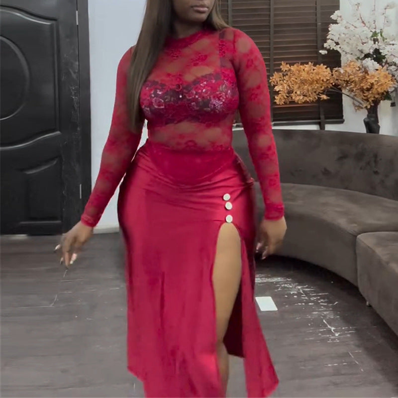 Lace Slim Top & Split Leather Skirt Set