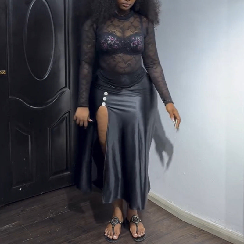 Lace Slim Top & Split Leather Skirt Set