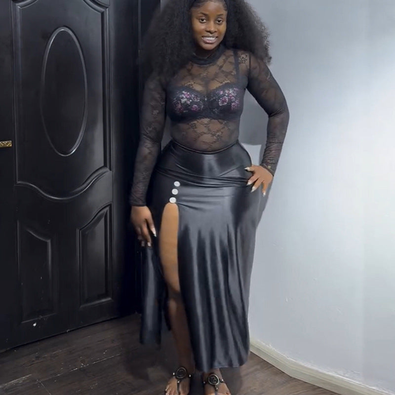 Lace Slim Top & Split Leather Skirt Set