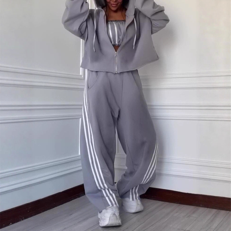 Washed Striped Hooded Sweatshirt Set