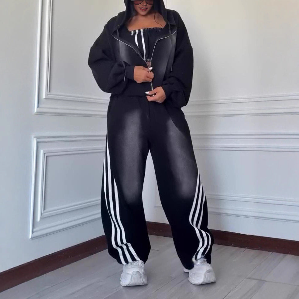 Washed Striped Hooded Sweatshirt Set
