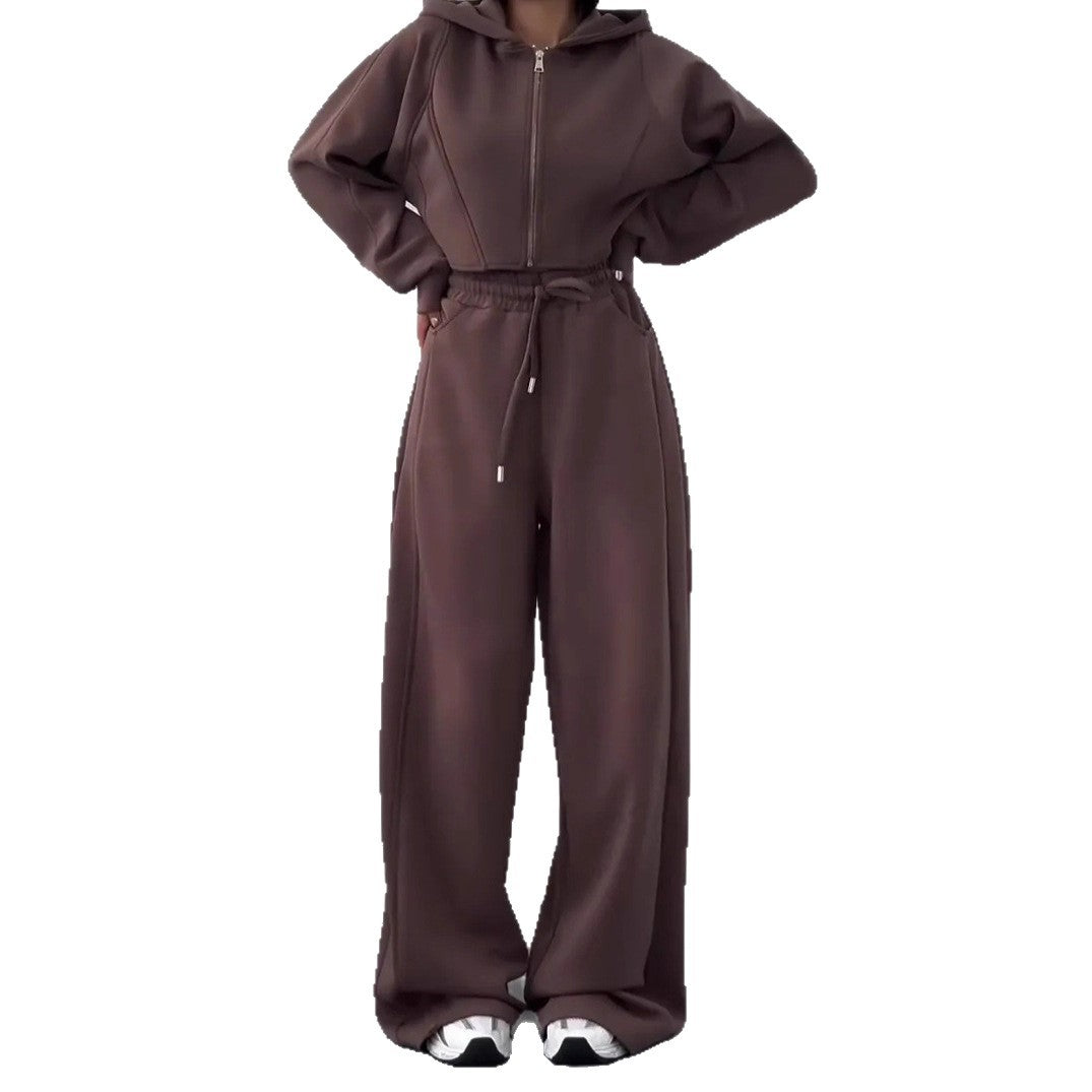 Solid-Color Zipper Hoodie Set