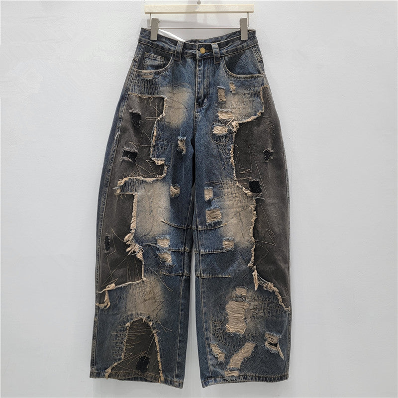 Distressed Washed Wide-Leg Jeans