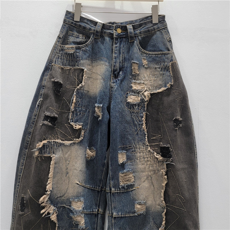 Distressed Washed Wide-Leg Jeans