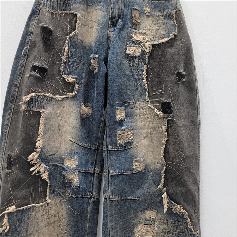 Distressed Washed Wide-Leg Jeans