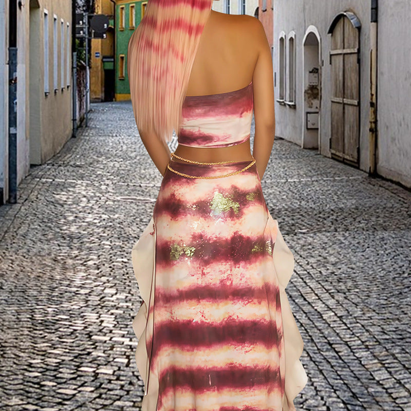 Gradient Halter-Neck Ruffled Skirt Set