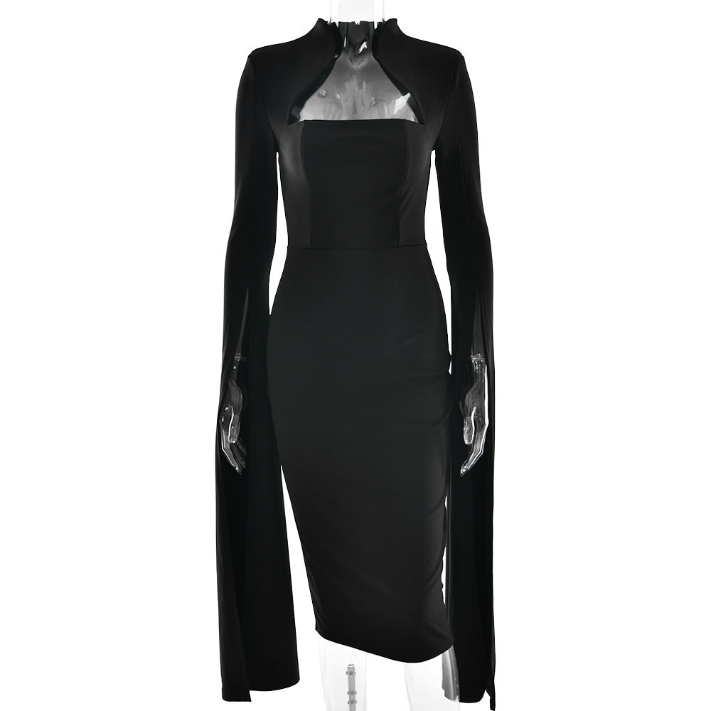 Long Sleeves with Ribbon Sash Split Dress