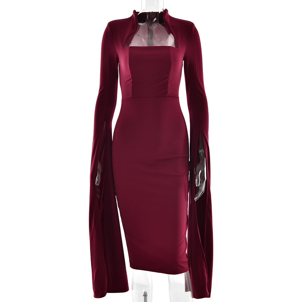 Long Sleeves with Ribbon Sash Split Dress