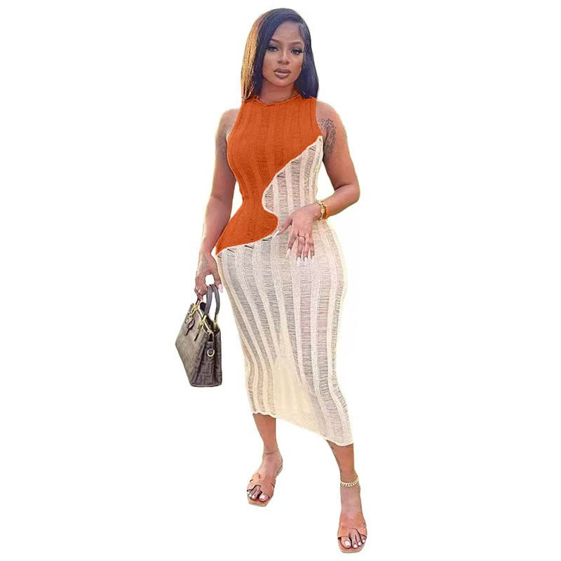 Color-block Knit Sleeveless Midi Dress