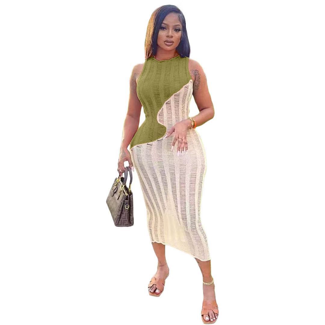 Color-block Knit Sleeveless Midi Dress