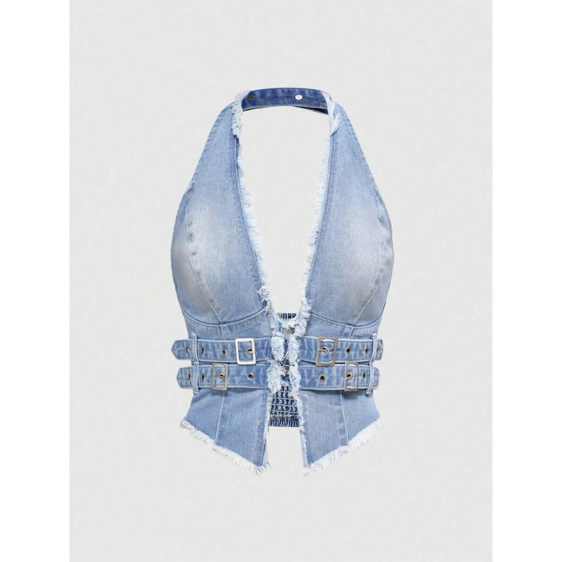Washed Denim Fringe Vest & Pants Set