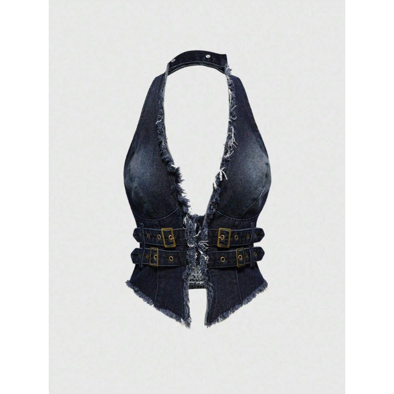 Washed Denim Fringe Vest & Pants Set