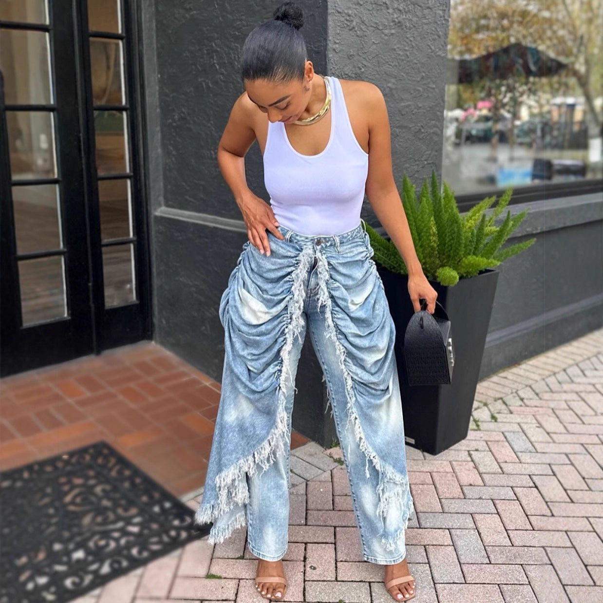 Washed Denim Flared Pants