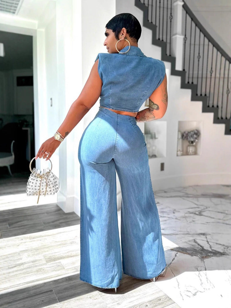 Sleeveless Washed Denim Shirt & Jeans Set