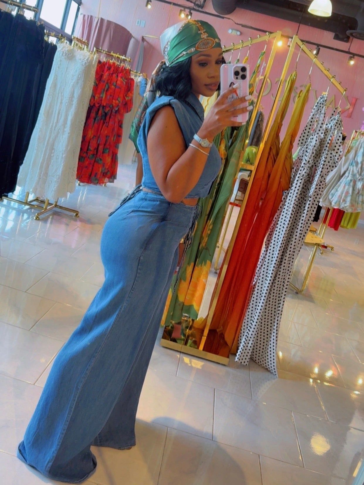 Sleeveless Washed Denim Shirt & Jeans Set