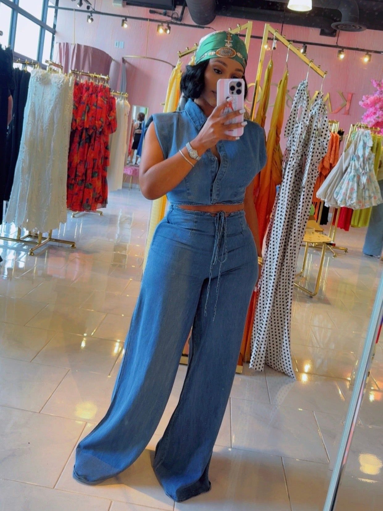 Sleeveless Washed Denim Shirt & Jeans Set