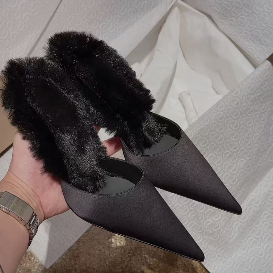 Plush Rhinestone Pointed-Toe High Heels