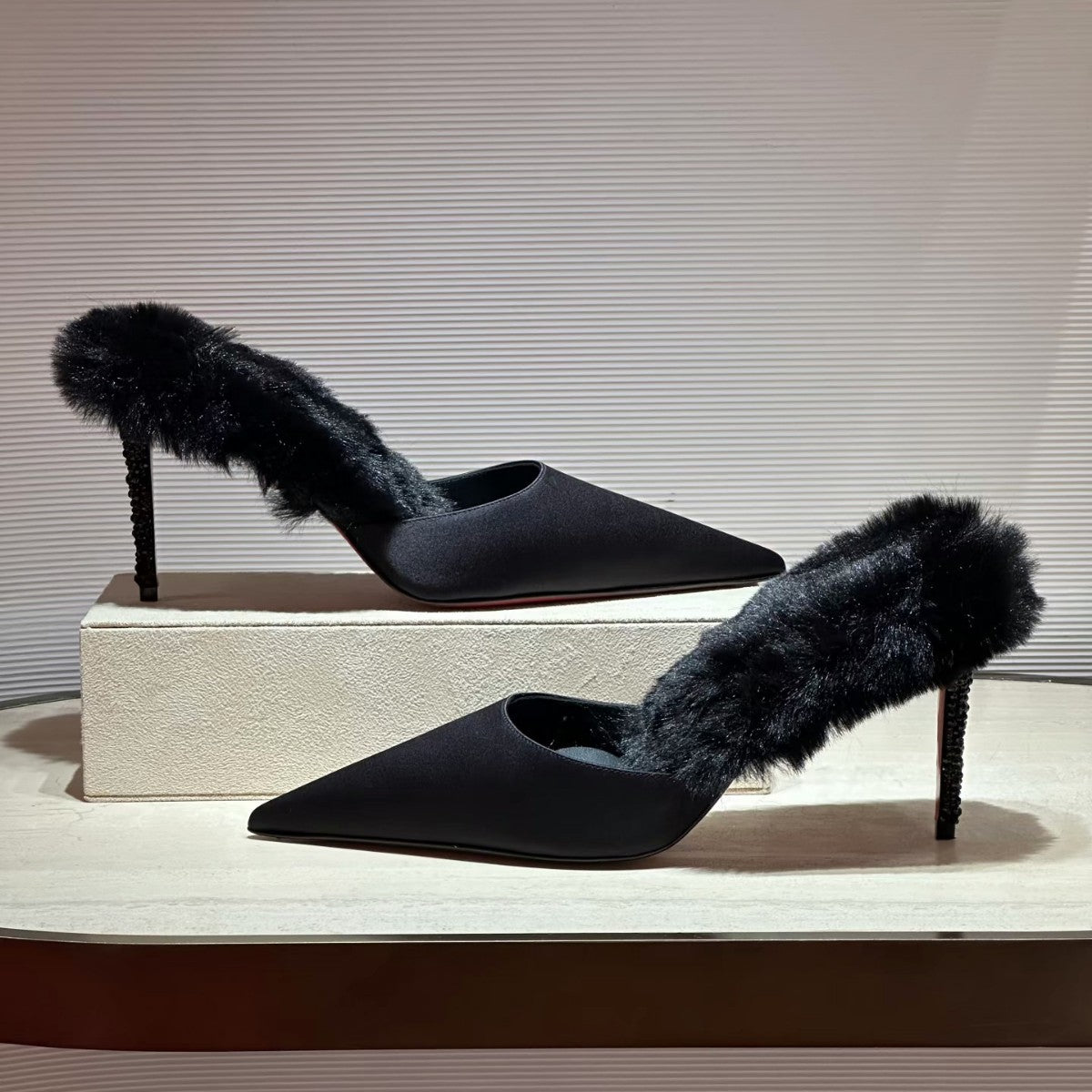 Plush Rhinestone Pointed-Toe High Heels