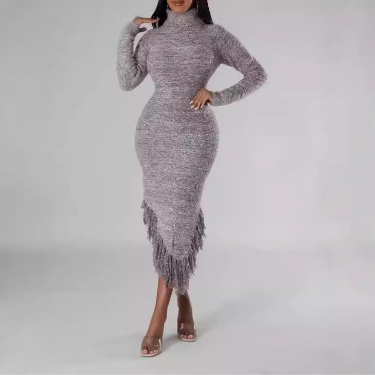 Gray Knit Fringe Dress