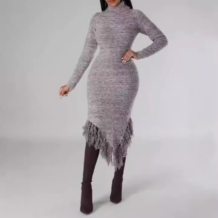 Gray Knit Fringe Dress