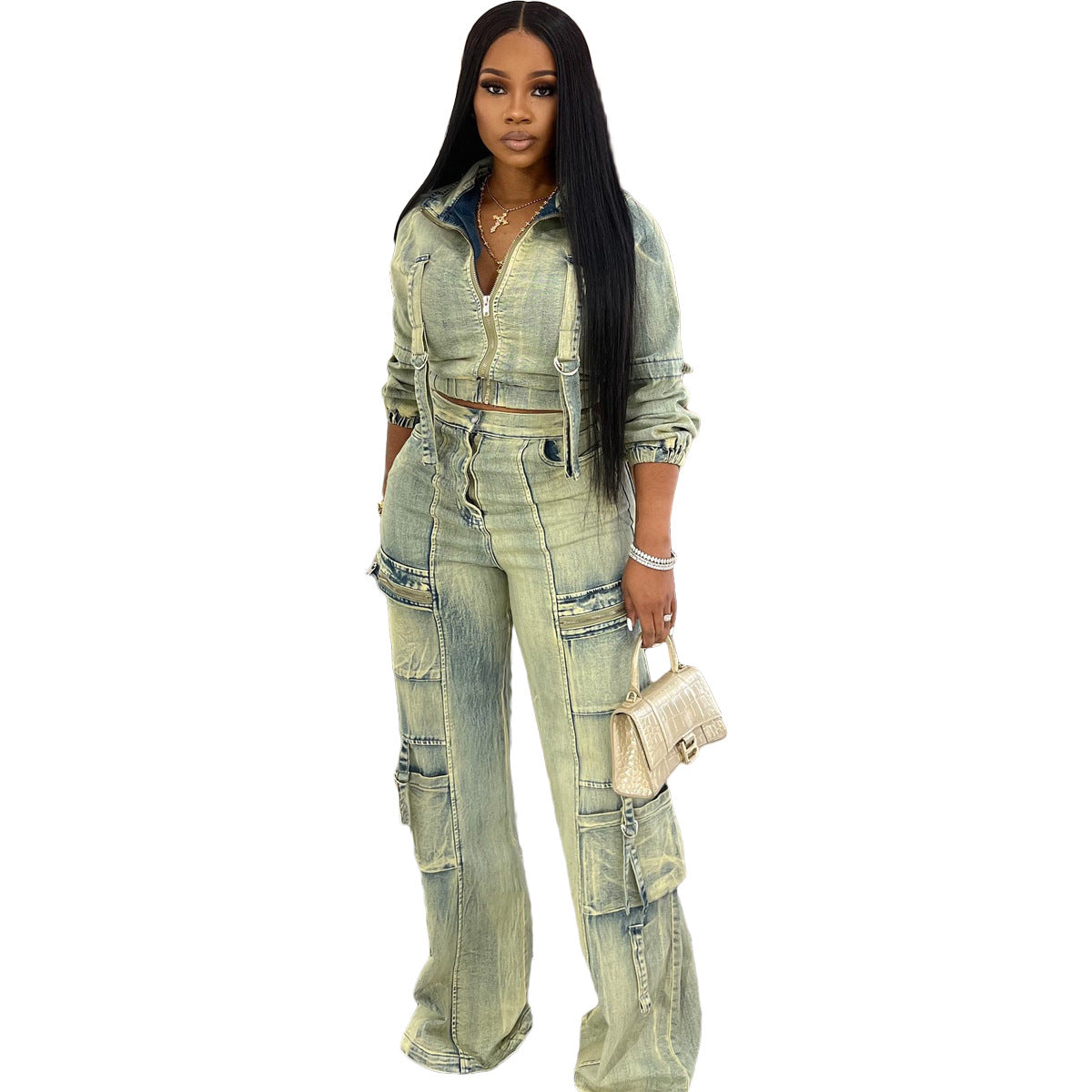 Multi-Pocket Washed Denim Two-Piece Set