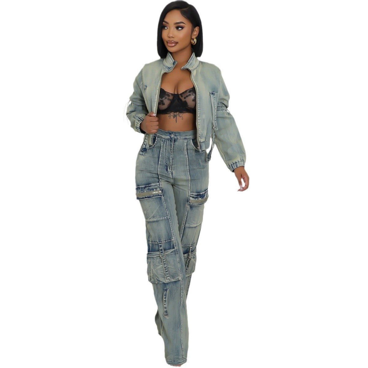 Multi-Pocket Washed Denim Two-Piece Set