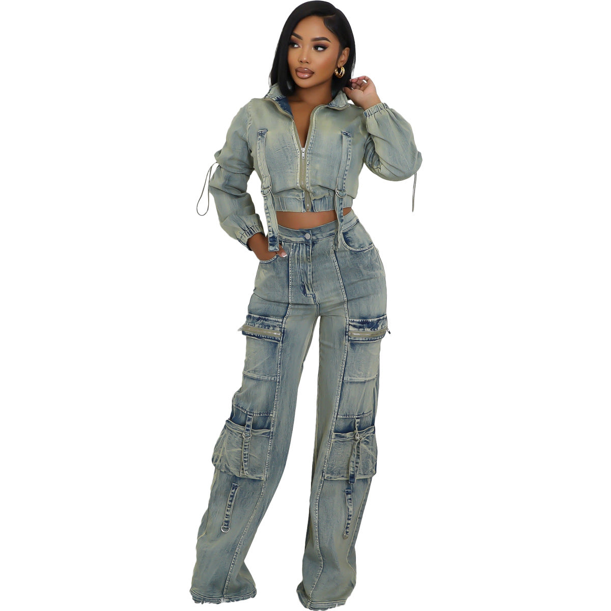 Multi-Pocket Washed Denim Two-Piece Set