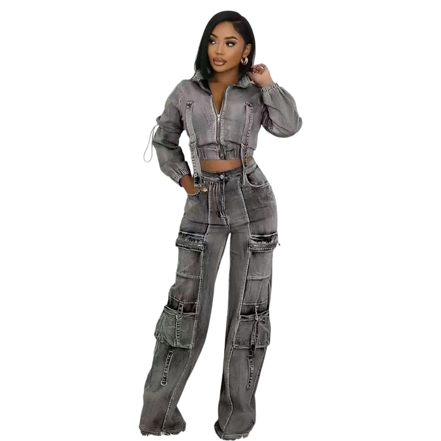 Multi-Pocket Washed Denim Two-Piece Set
