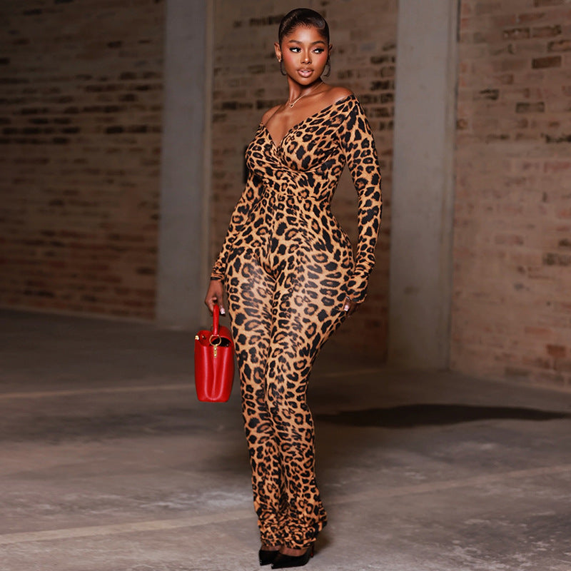 Leopard-Print V-Neck Long-Sleeve Jumpsuit