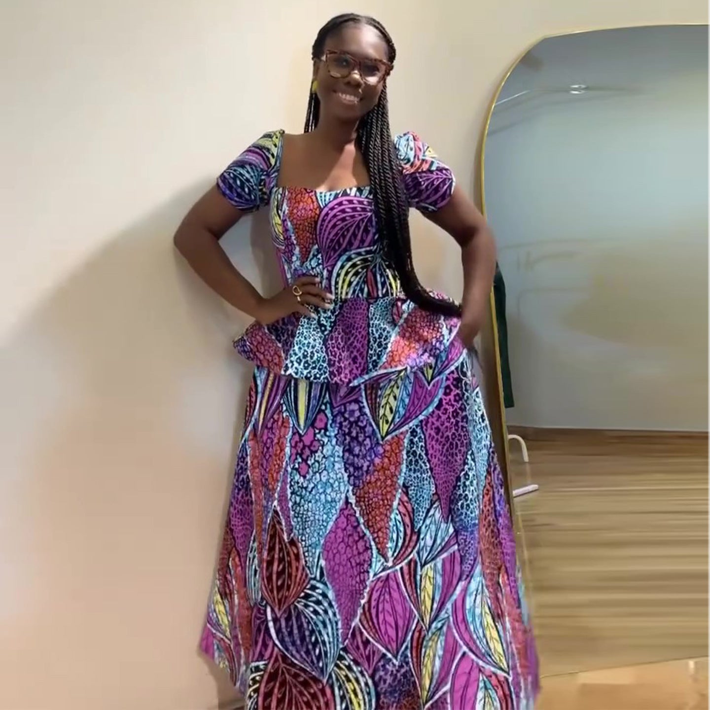 Purple Floral Print Short-Sleeve Maxi Dress