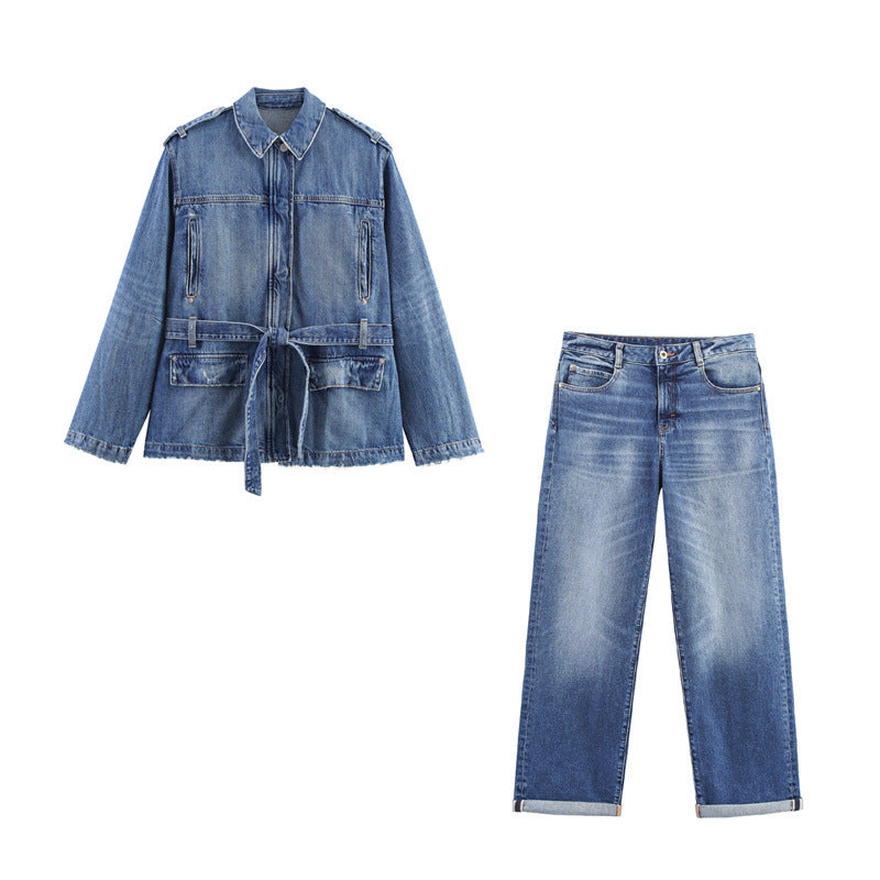 Denim Tie-Front Pocket Jacket & Jeans Set