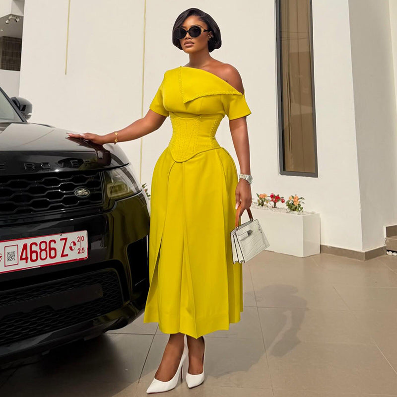 One-Shoulder Short-Sleeve High-Waisted Midi Dress