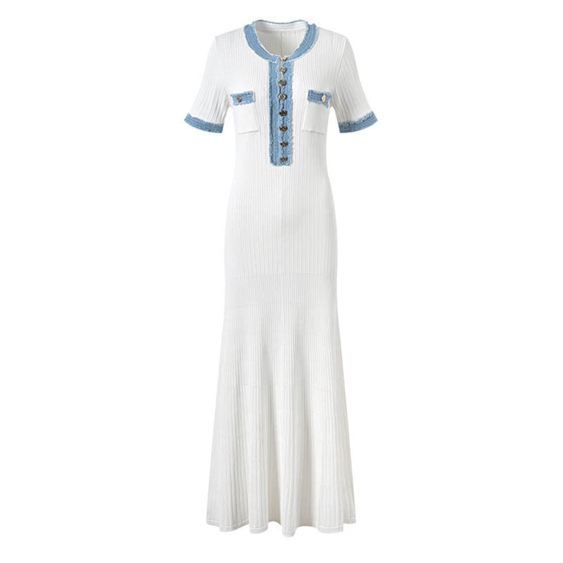 Knit Button-Up Short-Sleeve Fitted Maxi Dress
