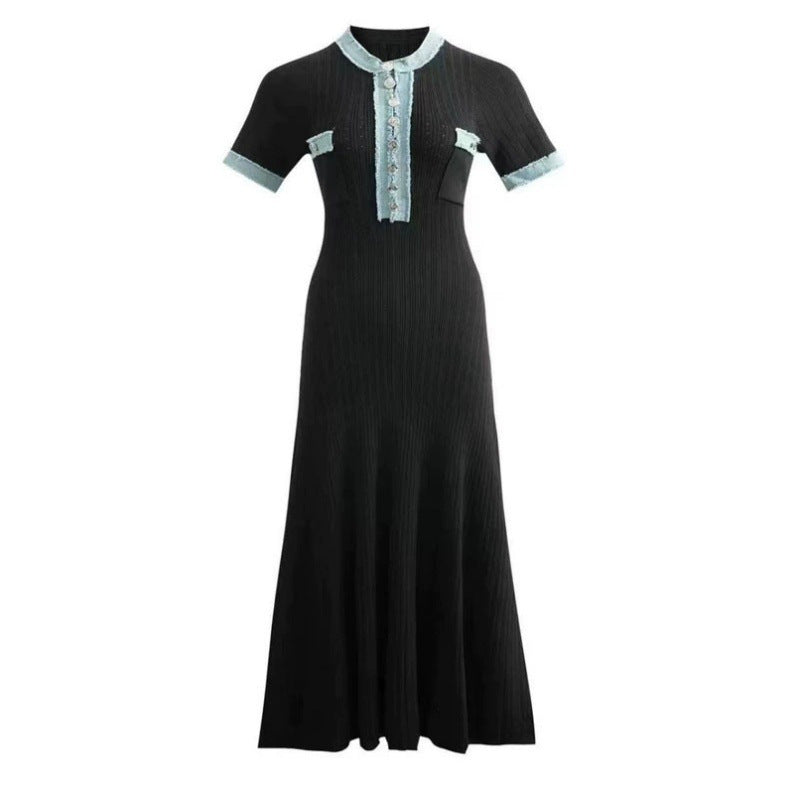 Knit Button-Up Short-Sleeve Fitted Maxi Dress