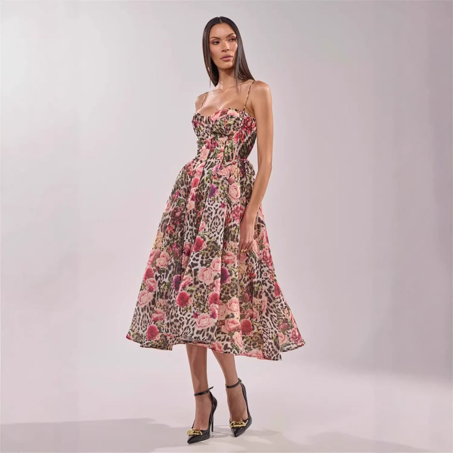Leopard-print Floral Midi Dress