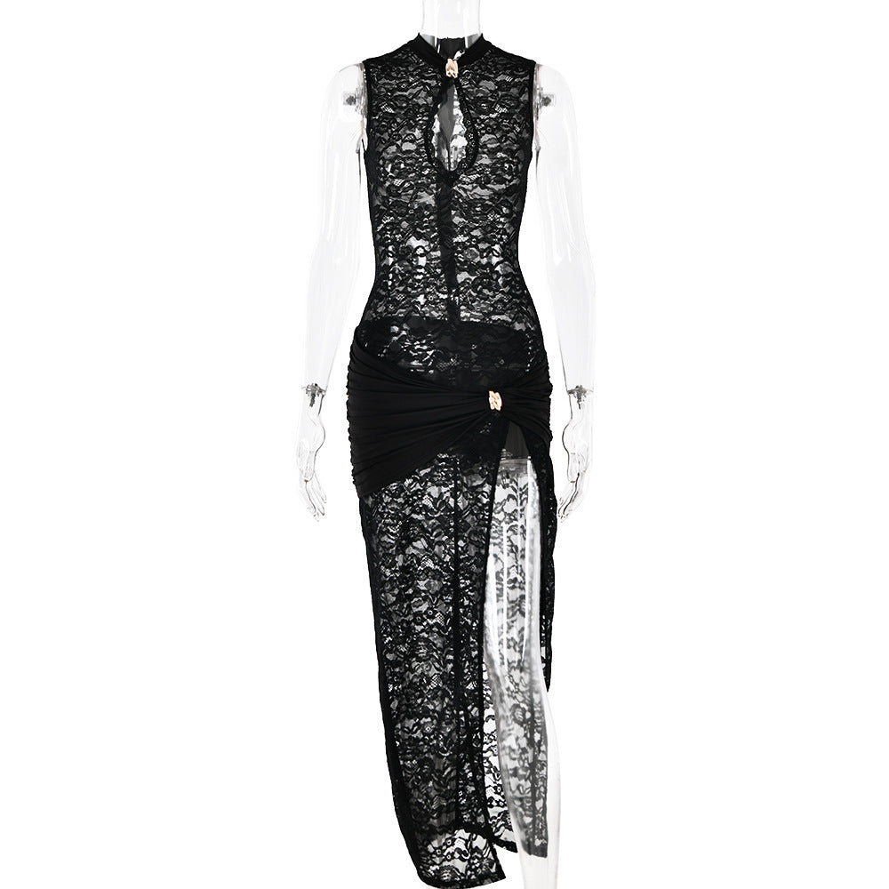 Lace Sleeveless Split-Hem Maxi Dress