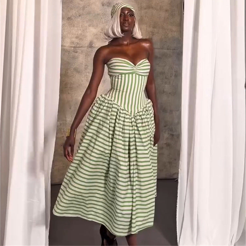 Green Striped Camisole Midi Dress