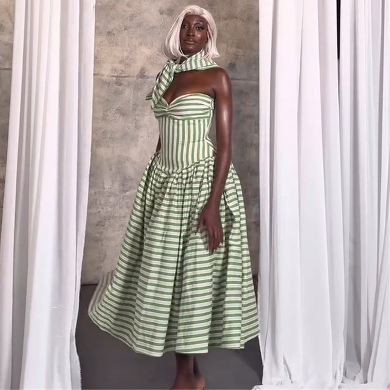 Green Striped Camisole Midi Dress