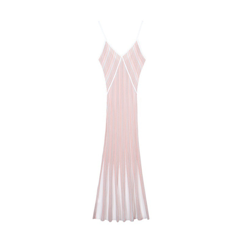 Striped V-neck Sleeveless Tencel Knit Dress