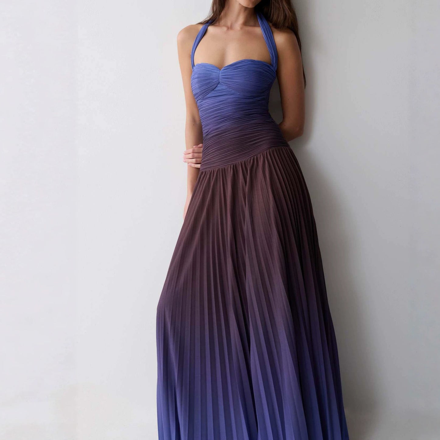 Blue Tie-Dye Pleated Maxi Dress