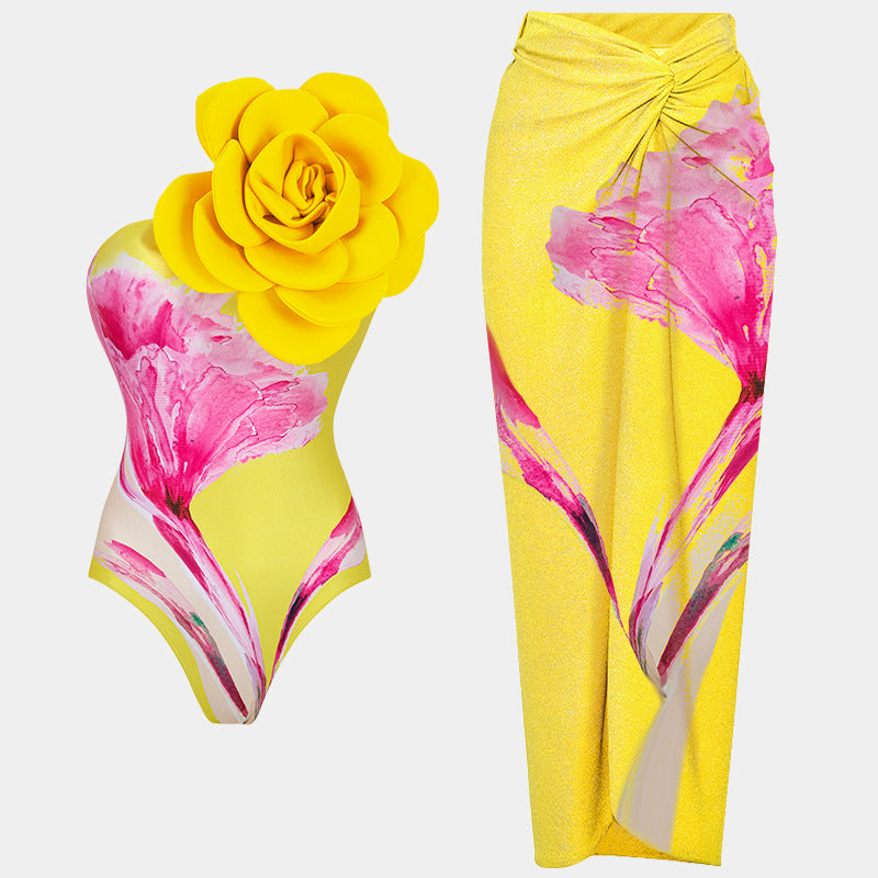 Floral One-Piece Swimsuit + Skirt Set