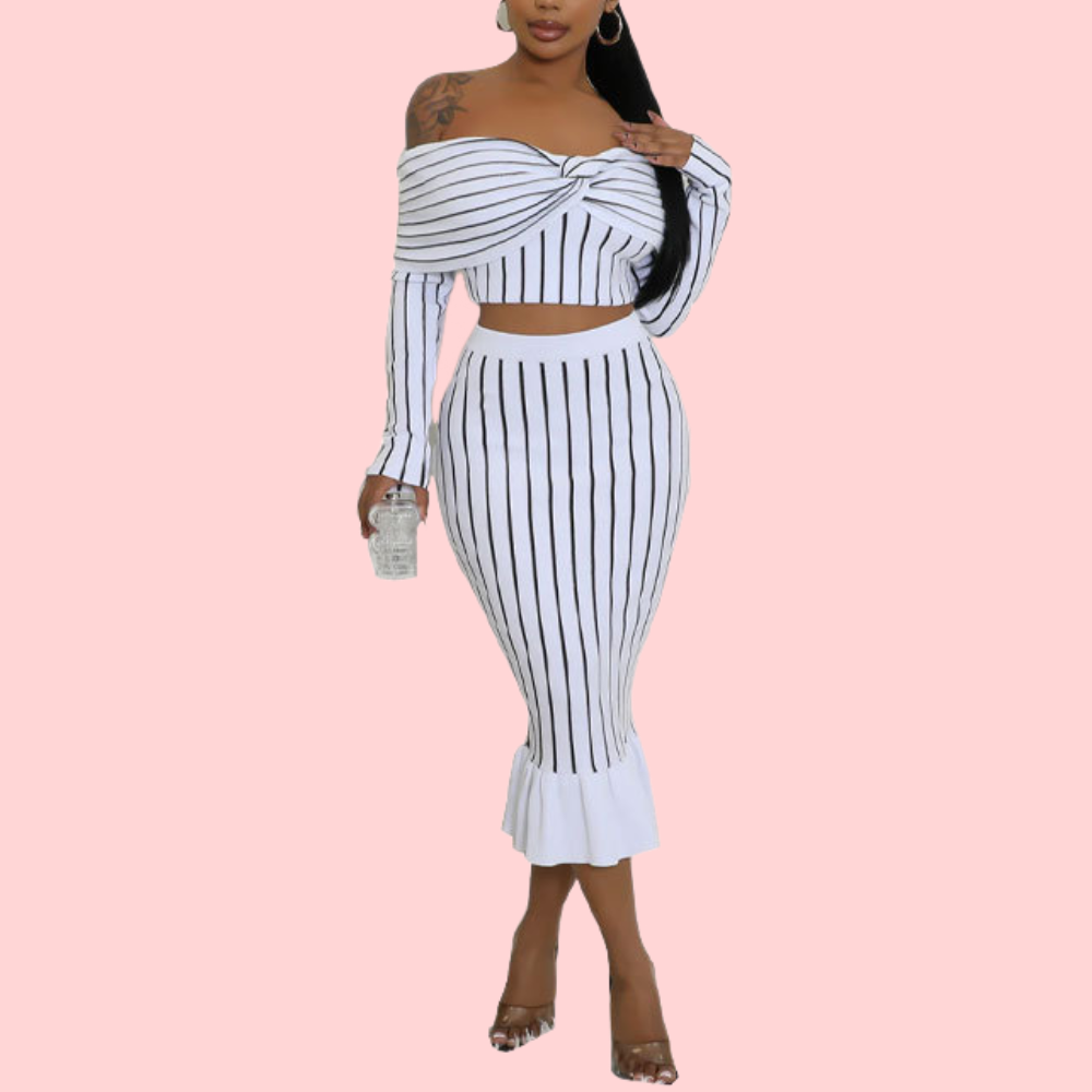 Striped Off-the-Shoulder Top & Bodycon Skirt Set