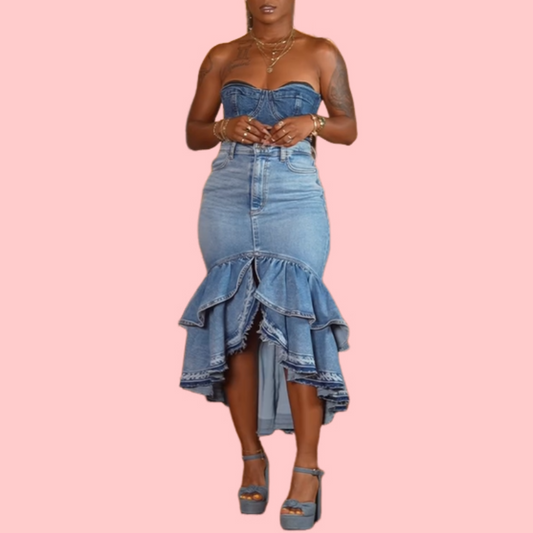 Washed Denim Ruffle Skirt