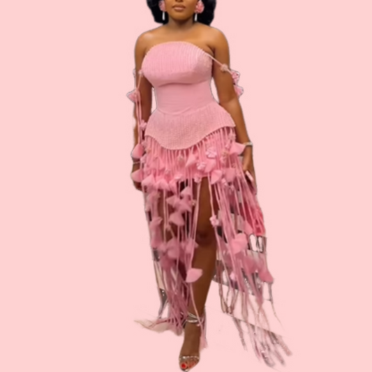 Pink Floral Fringe Fluttering Midi Dress