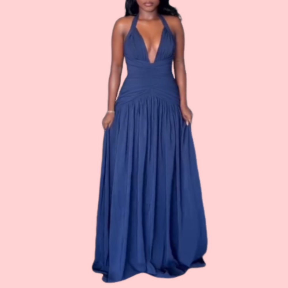 Blue V-Neck Strapless Maxi Dress