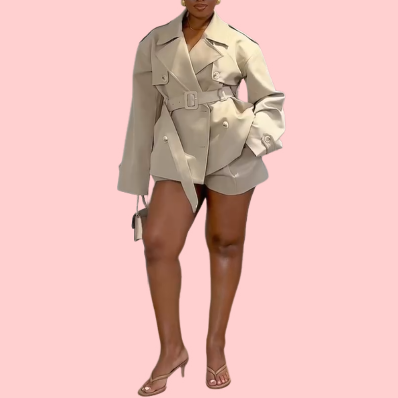 Khaki Double-Breasted Belted Trench Coat & Shorts Set