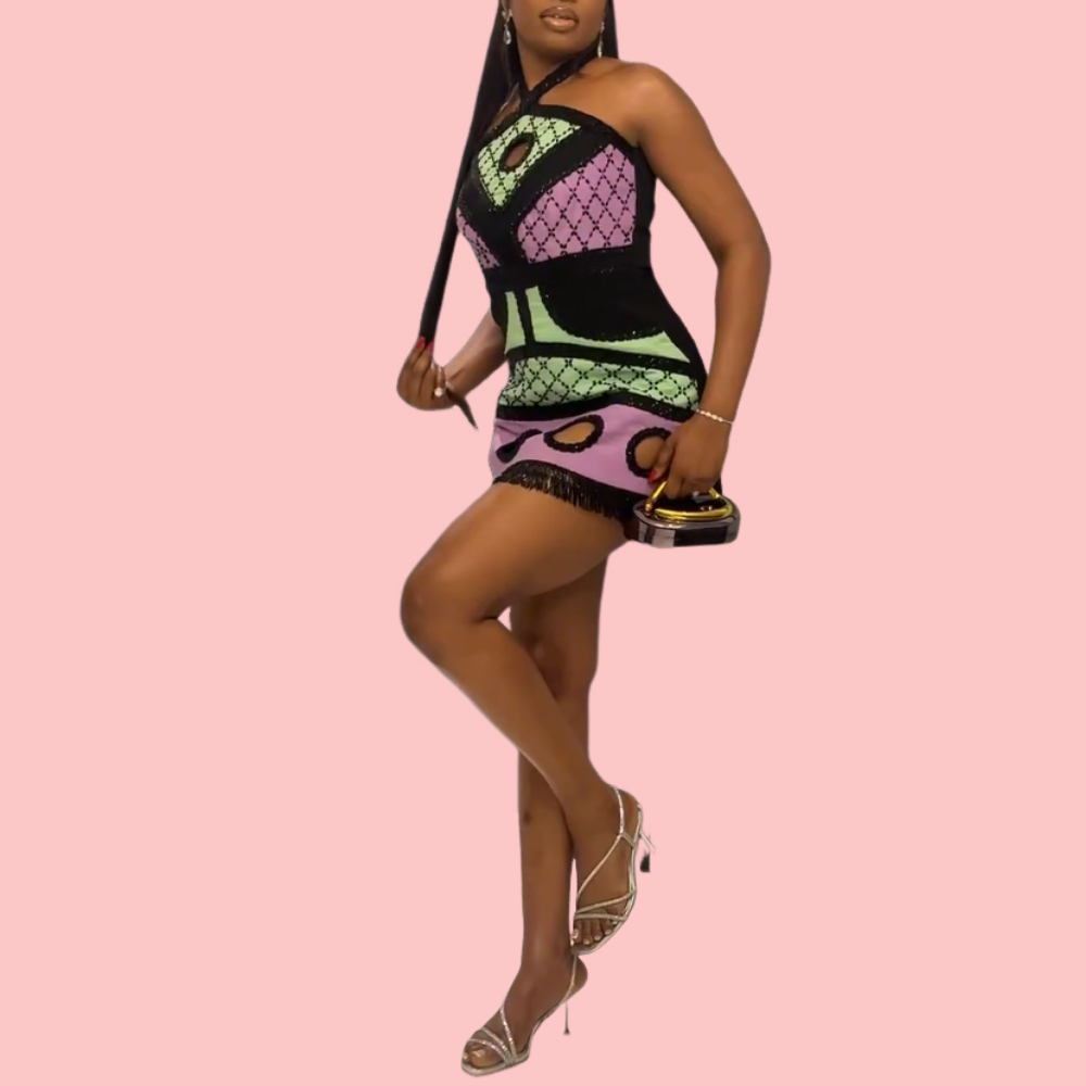 Color-Block Fringe Mini Dress